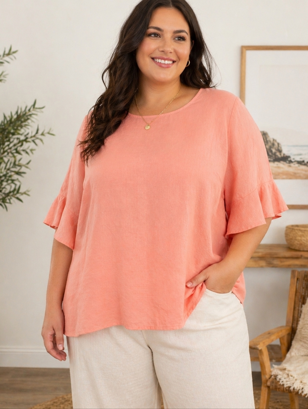For Cynthia Linen Blouse 3X Peach Coral Bell Sleeve Lightweight Top